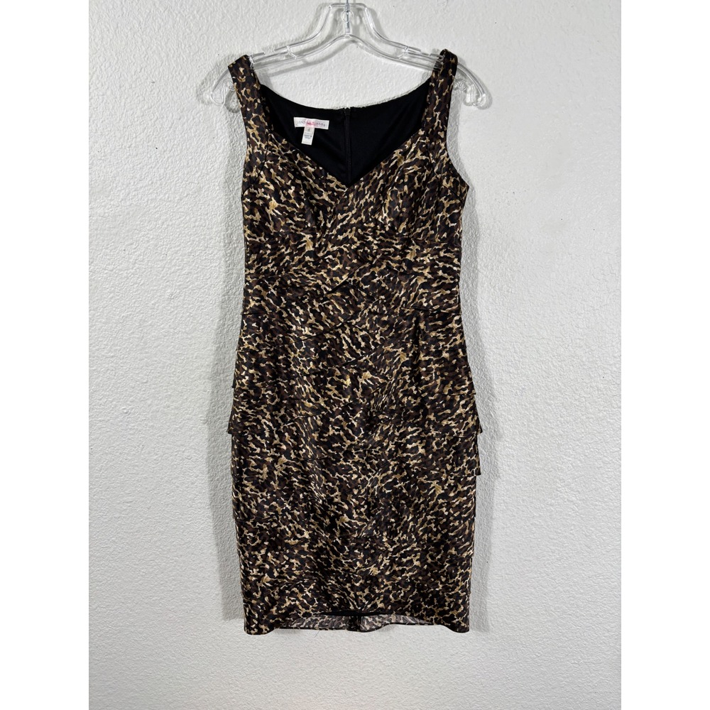 London Times Sheath Dress Women 4‎ Brown Leopard Tiered Sleeveless